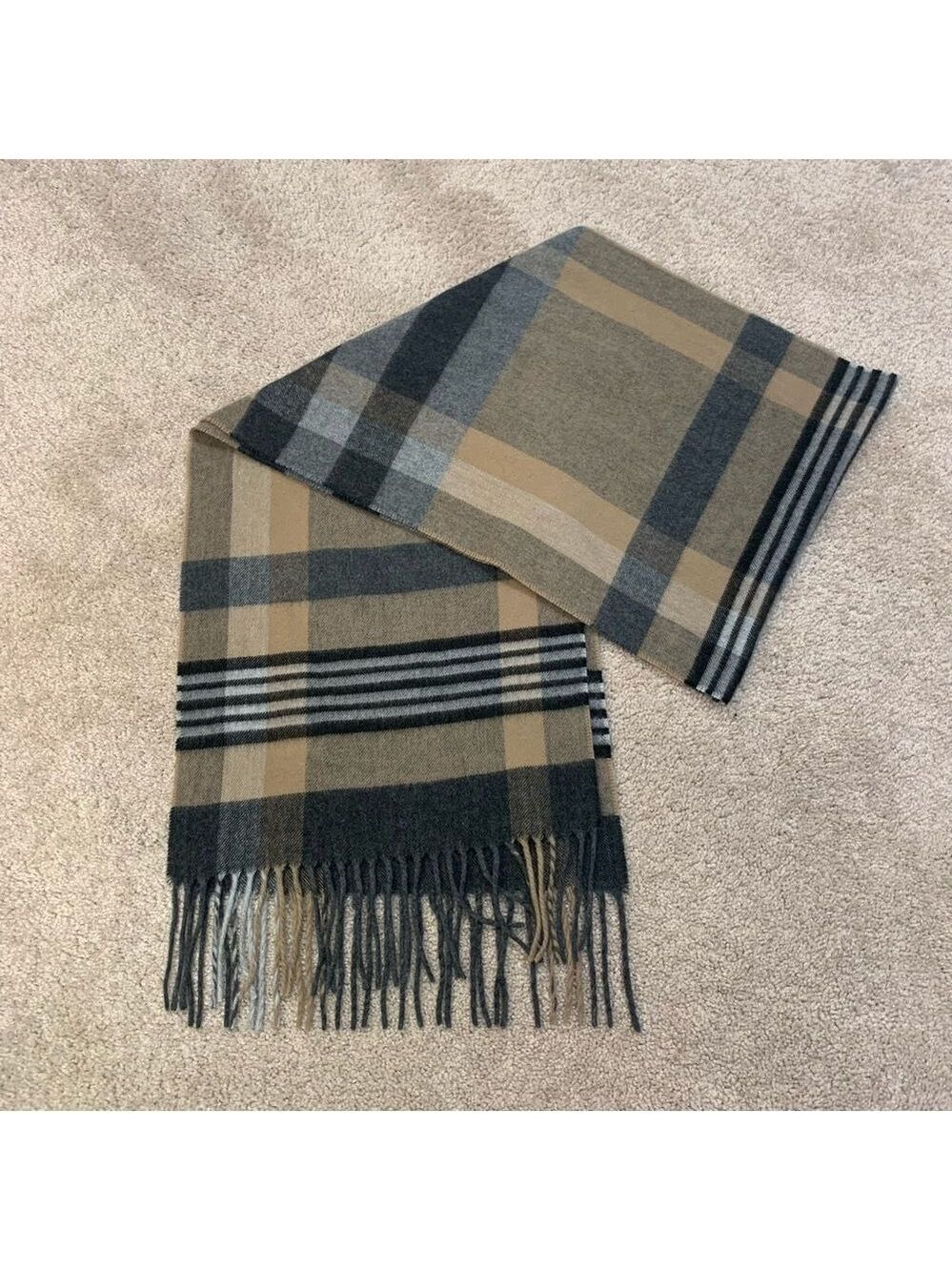 𝅺CASHMINK V.FRAAS tan camel brown gray black plaid check fall winter scarf🔥
